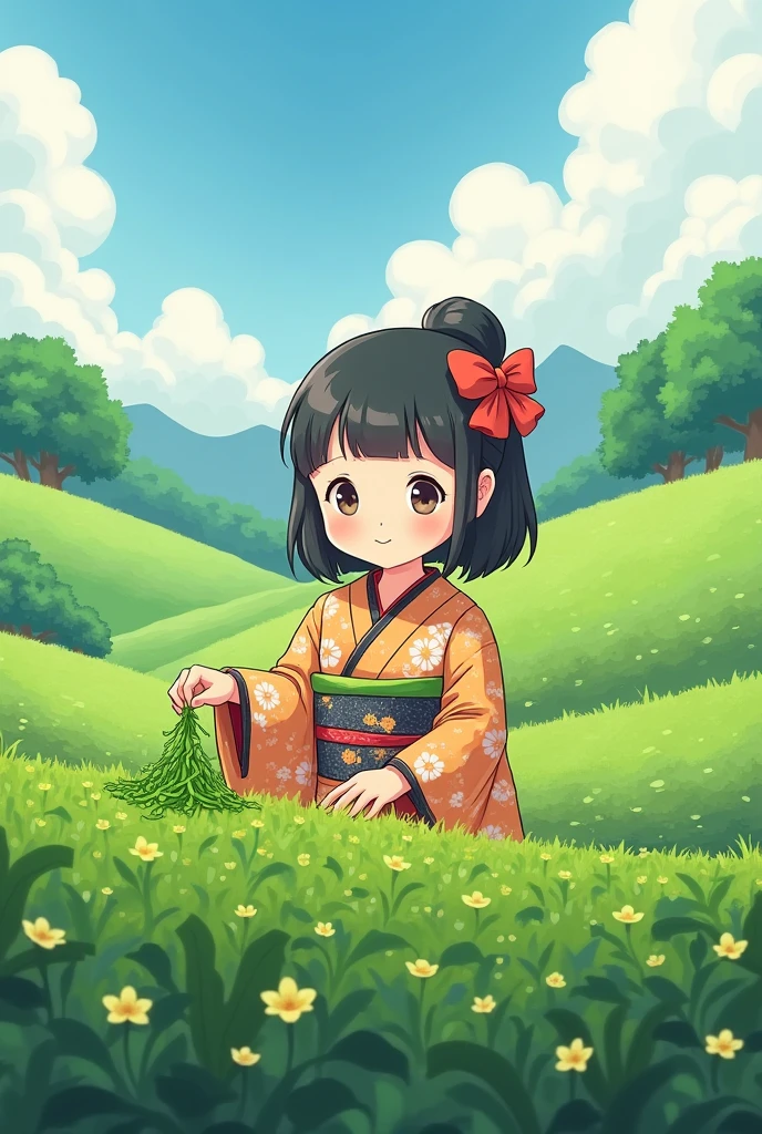 Fairy tale illustration by Reiko Ikemura, pixabay, simple art, full color illustration, cute fairy tale illustration, picture book illustration, illustration, girl picking tea in the style of Hayao Miyazaki, in the field, kimono, kimono