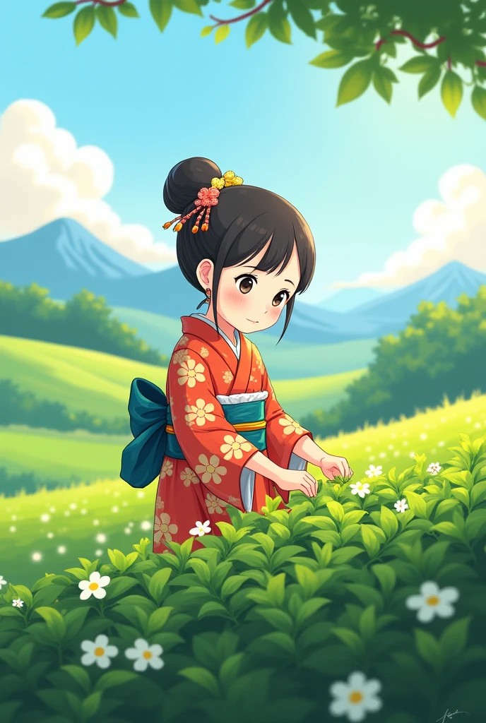 Fairy tale illustration by Reiko Ikemura, pixabay, simple art, full color illustration, cute fairy tale illustration, picture book illustration, illustration, girl picking tea in the style of Hayao Miyazaki, in the field, kimono, kimono  