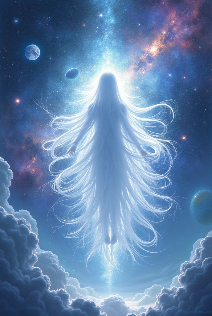 A white silhouette of a cosmic entity in the form Rapunzel hair hair that represents the infinite energy of the universe. Around the cosmos, space time, fantasy anime style.