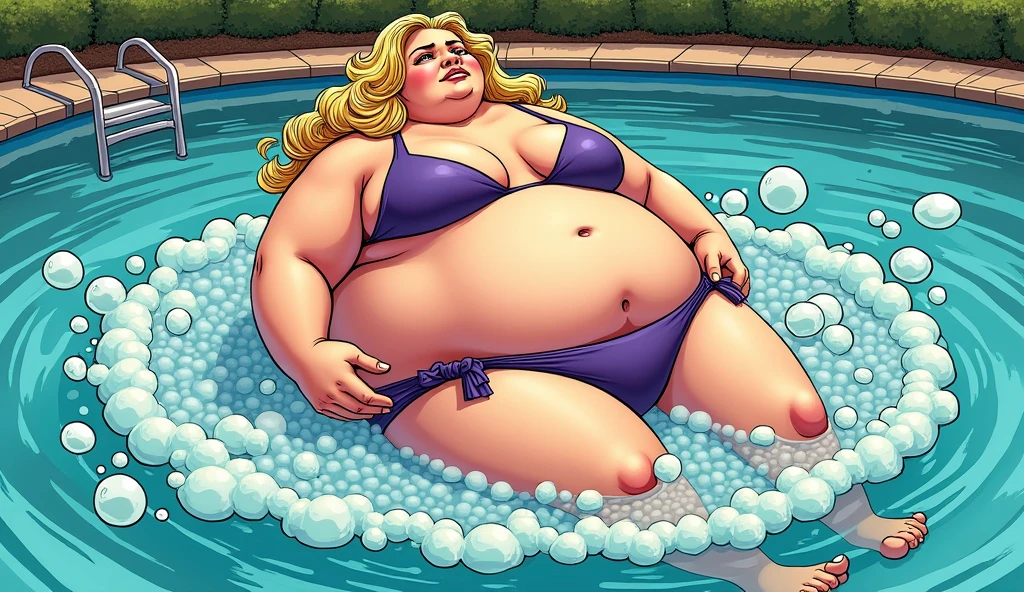 Beautiful morbidly obese blonde woman wearing a bikini swimming in and filling a pool with bubbles with her farts, comic book artstyle