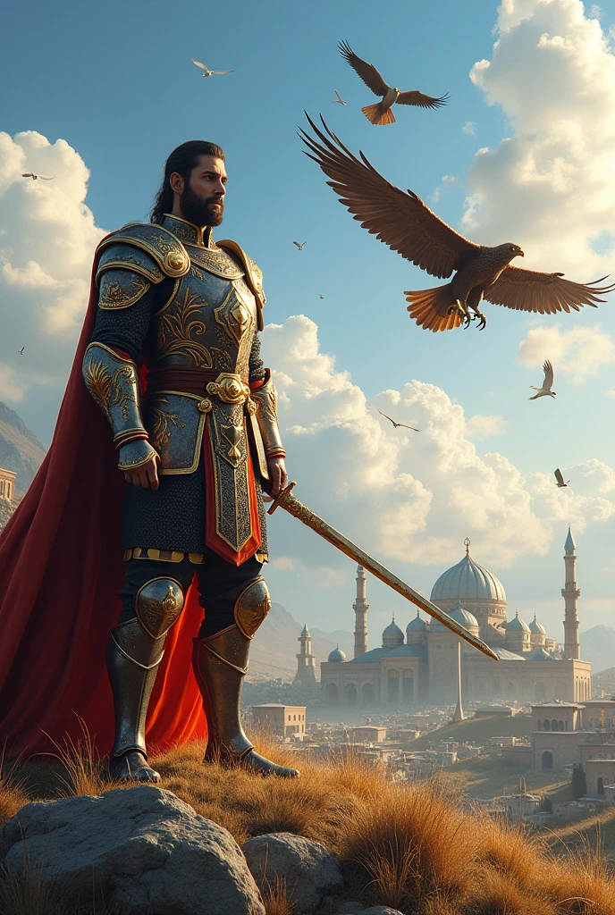 A persian knight staning on a large hill looking right
Wearing luxury armor
Holding down a sword in right hand
Old mashhad city of iran in background
Some birds flying high
An eagle flyng above knight's head