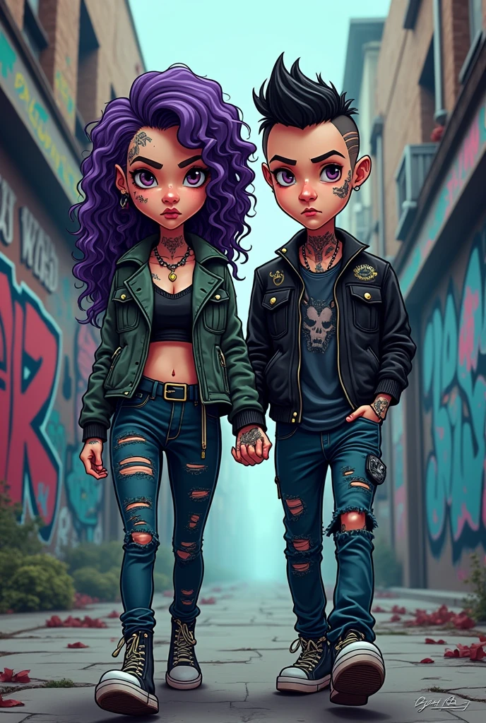Create a punk cartoon image of a couple walking down a graffitied street, the hiphop style boy and the gothic style girl, that the design is a cyber punk illustration type but in caricature, the two tattooed and white with a serious and gloomy face, Like the illustrations of the band Gorillaz with a darker effect and like the illustration of Love Death and Robots in The Witness but not so cartoonish., if not more style that is not realistic, 90s type illustration and the girl with curly purple hair cyber punk anime type, that is not but a little dark age anime type