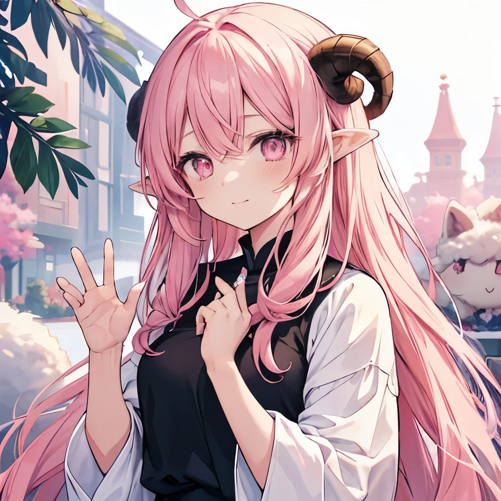 An anime-style illustration of ‘Fua-chan’ saying ‘Take care’ with a warm and gentle smile. Fua-chan has distinctive features: long pink hair styled in soft curls resembling sheep’s horns, and pink eyes. She is depicted with a caring and friendly expression, her eyes filled with warmth and concern as she speaks. She might have one hand slightly raised in a gentle wave or placed near her chest in a gesture of sincerity. She is wearing casual, comfortable clothing. The background is softly lit, creating a peaceful and reassuring atmosphere that emphasizes her heartfelt wish for your safety.