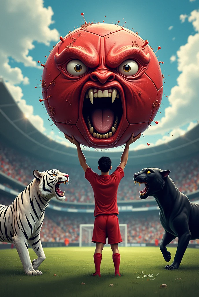 Logo of a red soccer ball with a face of a crazy animated schizophrenic holding it up to the white Bengal tiger and the black panther for goal schizophrenics with a full soccer stadium in the background