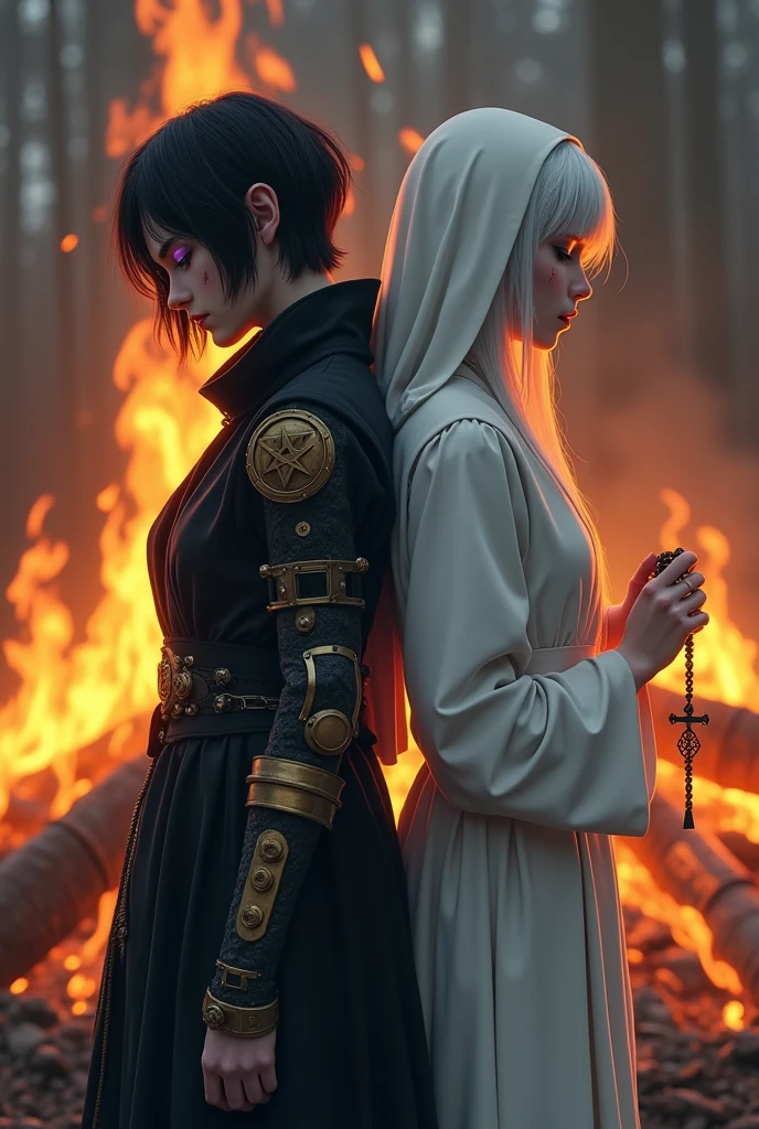 Two pale girls from the middle ages, back to back, the left with violet eye, short black hair, black alchemist robes with technology, cut on the face, the one on the left with a steampunk prosthetic left arm, with pentagram and dagger, with a look of suffering, right with white nun clothes, long white hair, eyes closed holding a rosary, with a bonfire execution in the background