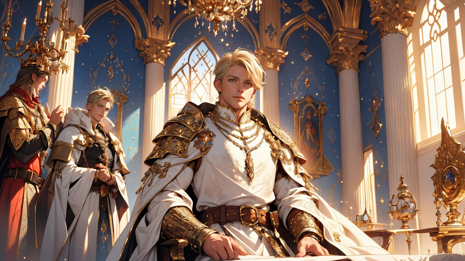 A guy with short blonde hair wearing white and gold princely clothing, walking inside a white opulent throne room inside the city in a medieval fantasy theme. (best quality, 4k, highres, masterpiece:1.2), ultra-detailed, (realistic:1.37) Additional details: The guy is has a silver sword on his belt. He has a silver necklace with a small ruby pendant. His clothes are adorned with intricate embroidery and metal buckles. The throne room is filled with red carpet, white walls and sun shining through glass windows. (medieval, fantasy-themed:1.2) Color palette: Deep and rich pastel tones, with accents of gold and sapphire blue. (rich, pastel colors) Lighting: Bright sunlight streaming through the clouds. (sunlight, dramatic shadows)