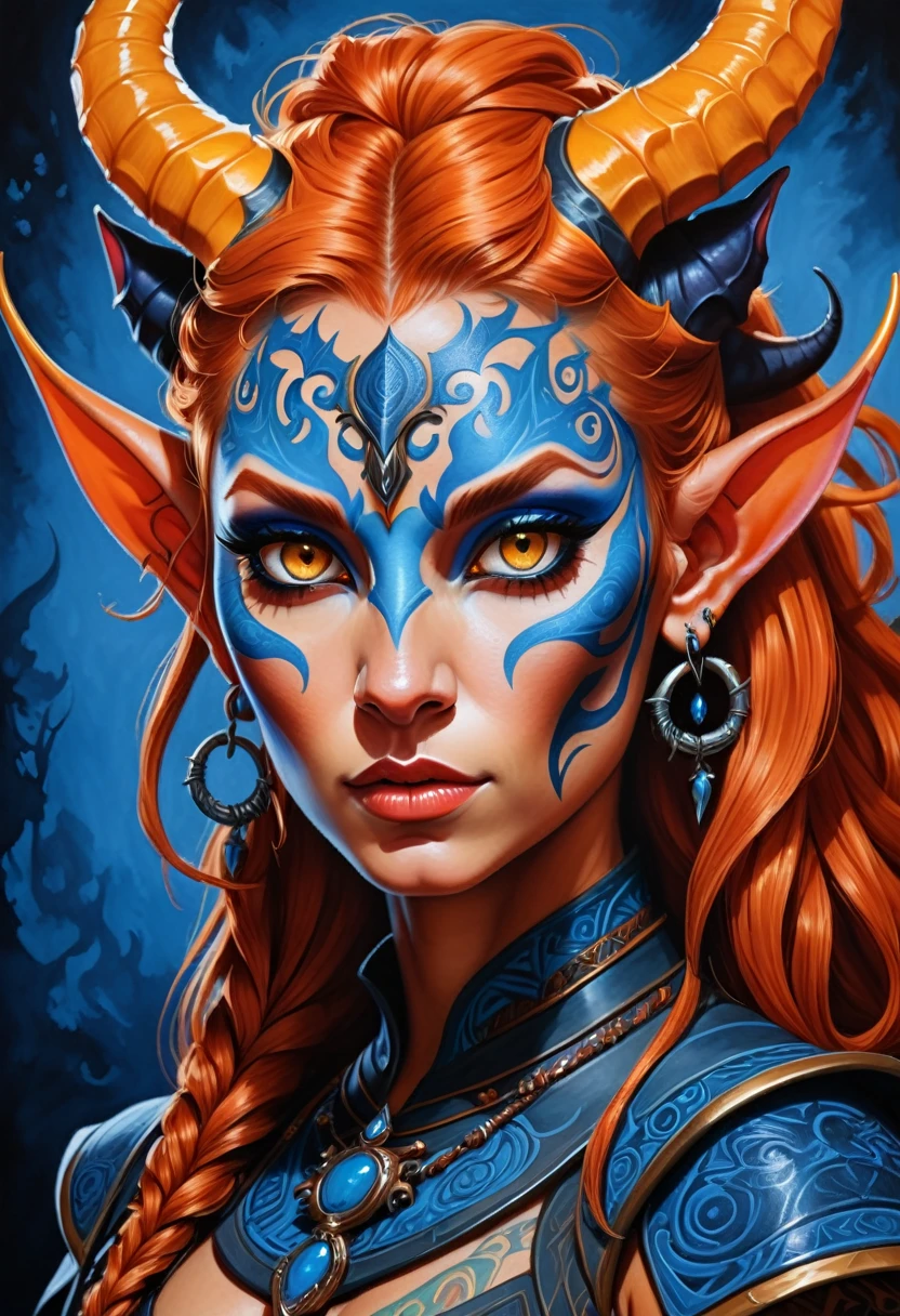 (((Masterpiece))), (((Best Quality: 1.4))), ((Super Detail: 1.4)) , hyper detailed gouache painting of a female Tiefling, gorgeous exotic features, amber neon eyes:1.5, orange hair, hyper detailed face features, expressivo face, detailed textures, blue skintone, tattoos, natural skin shader, volumetrics, warm undertones under her skin, ultra High resolution