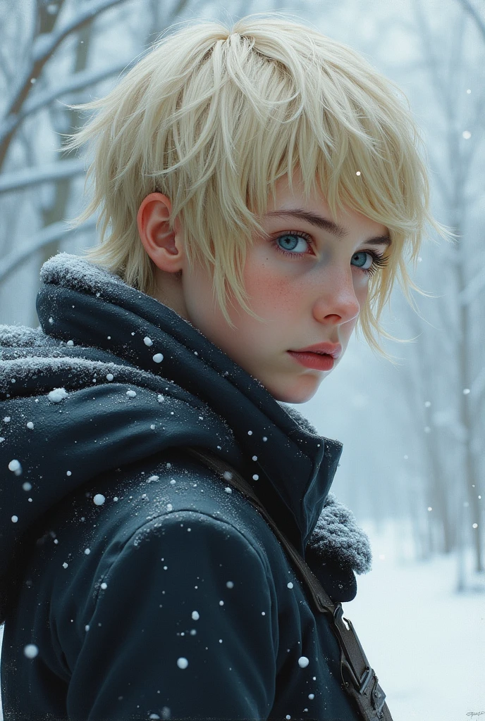 (oil painting, masterpiece, best quality, ultra detailed, focus on character), short blonde hair, ([back:0.8]|[ face facing backwards:1.1]), serious face, ([cold scenario:1.2]|[ snowy background:1.3]| [high contrast:1.1])  