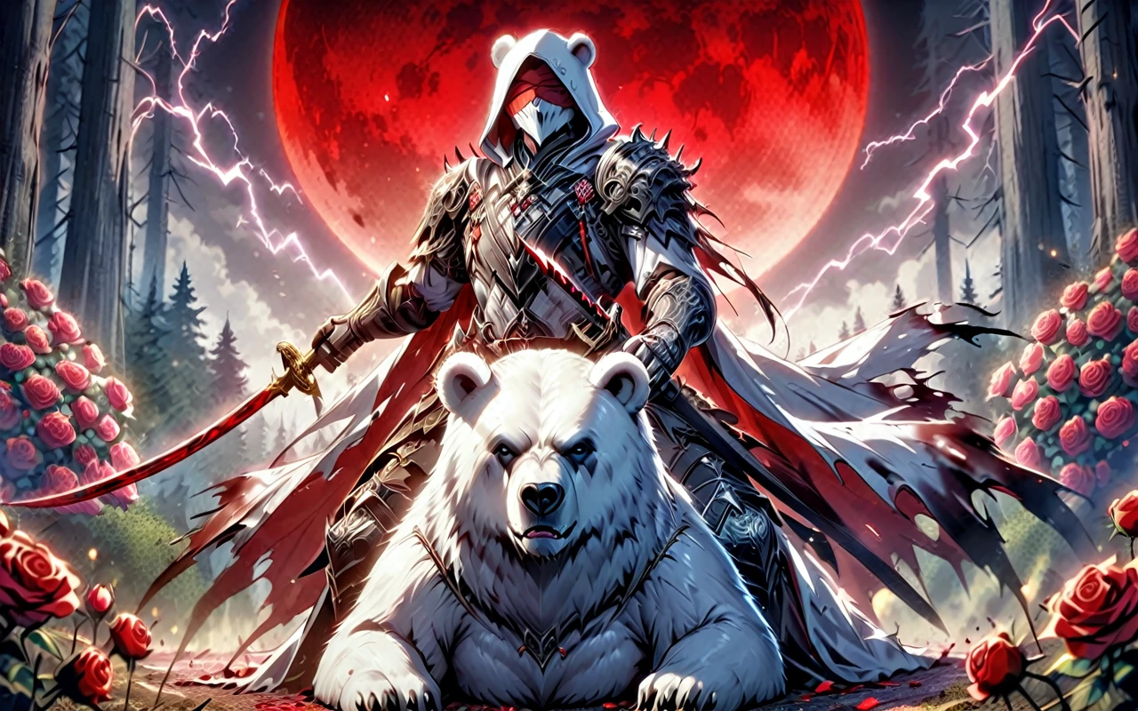 One man with a white hood with bear ears and a katana sits riding a big polar bear in a forest while the blood moon shines, many Roses cover the ground and lightning falls from the sky. The man wears a red blindfold.