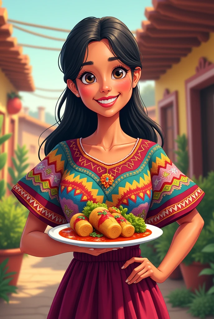 A woman in traditional Guatemalan dress with a plate of food in her right hand and the other hand on her waist cartoon