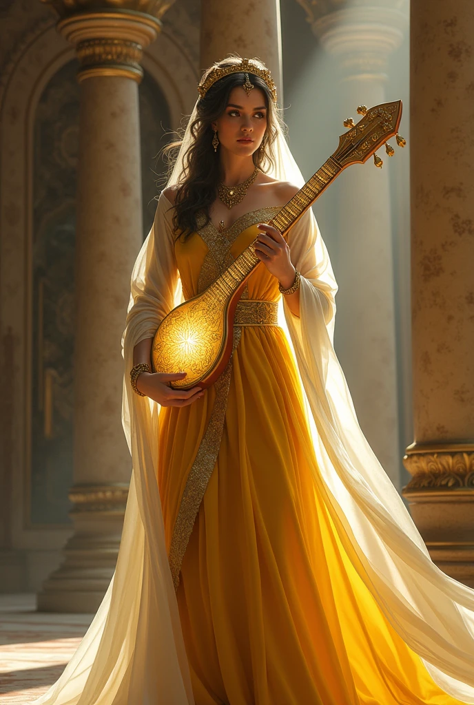 RPG fantasy artstyle. A female Arabic bard musician playing a musical instrument that emits soft yellow light. She is looking misterious and serious. She is wearing yellow, white and golden clothes. The background is a large salon with high columns