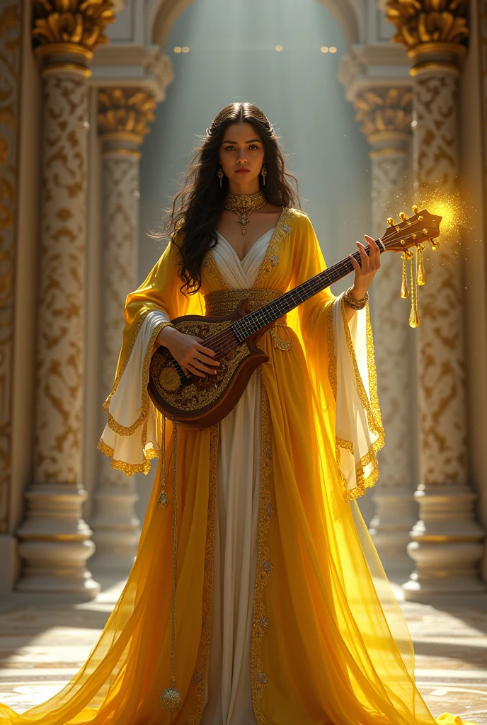 RPG fantasy artstyle. A female Arabic bard musician playing a musical instrument that emits soft yellow light. She is looking misterious and serious. She is wearing yellow, white and golden clothes. The background is a large salon with high columns