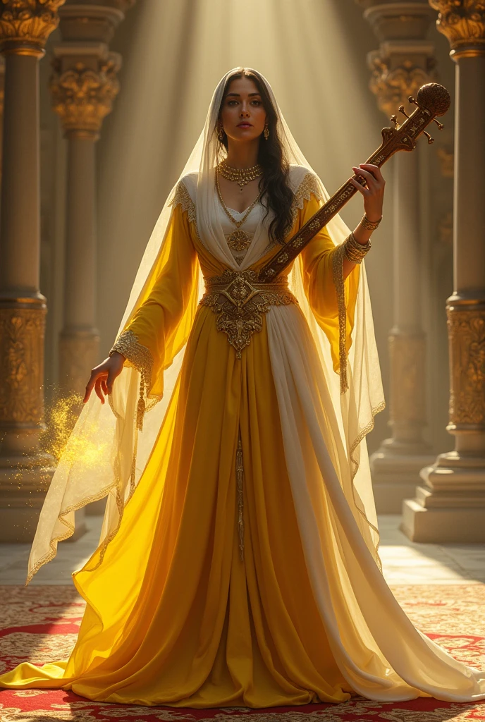 RPG fantasy artstyle. A female Arabic bard musician playing a musical instrument that emits soft yellow light. She is looking misterious and serious. She is wearing yellow, white and golden clothes. The background is a large salon with high columns