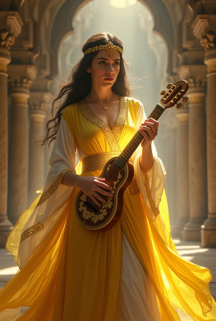 RPG fantasy artstyle. A female Arabic bard musician playing a musical instrument that emits soft yellow light. She is looking misterious and serious. She is wearing yellow, white and golden clothes. The background is a large salon with high columns