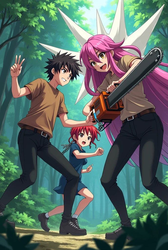 1 anime male character with pink hair and beige eyes wearing a brown shirt and black pants in a forest generating annoying sharp bones and white blades, next to character 1 male anime man with black hair and black eyes serious with a chainsaw with chains attacking a man with red hair with green