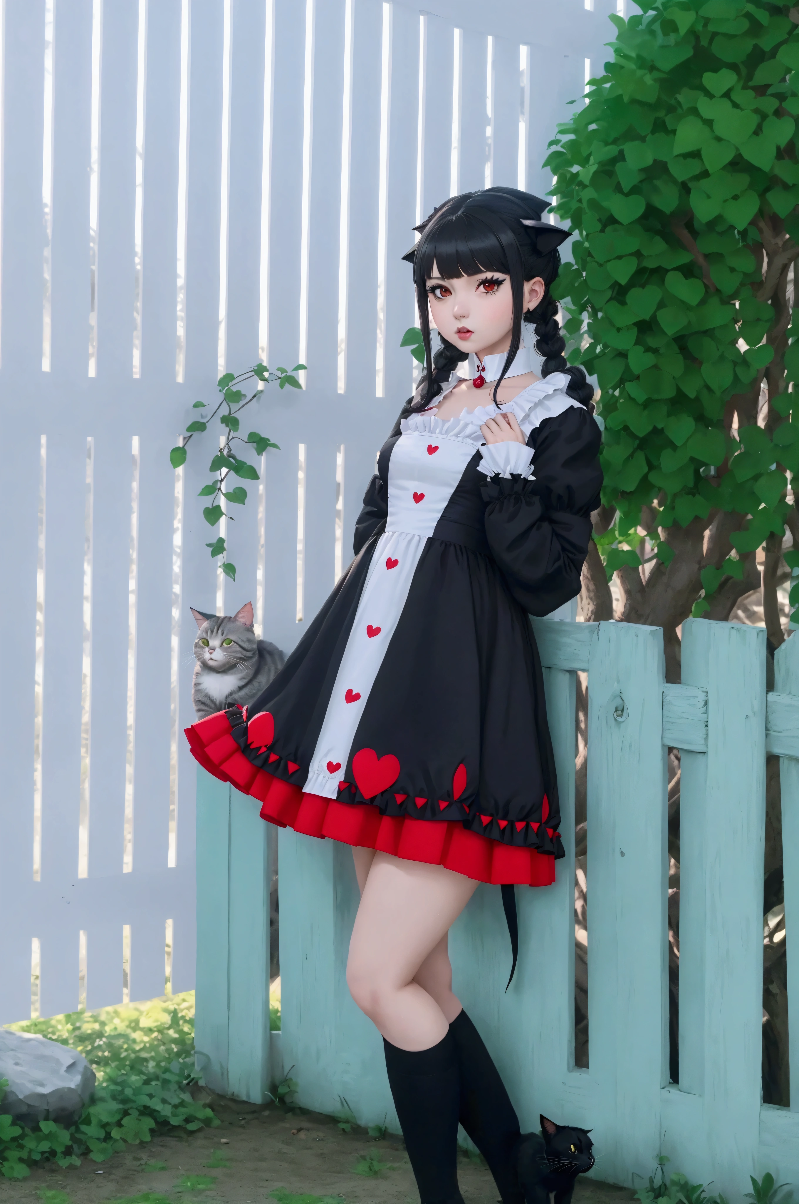 araffe dressed in a black and red outfit standing in front of a fence, cosplay chica anime, also, , cat boy cosplay! maid! dress, sailor uniform with loose collar, Kantai Collection Style, Akane Owari Danganronpa, Lolita style, black and white with red hearts, radical lolita girl portrait