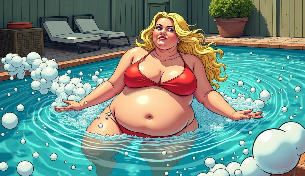 Beautiful morbidly obese blonde woman wearing a bikini swimming in and filling a pool with bubbles with her farts, comic book artstyle