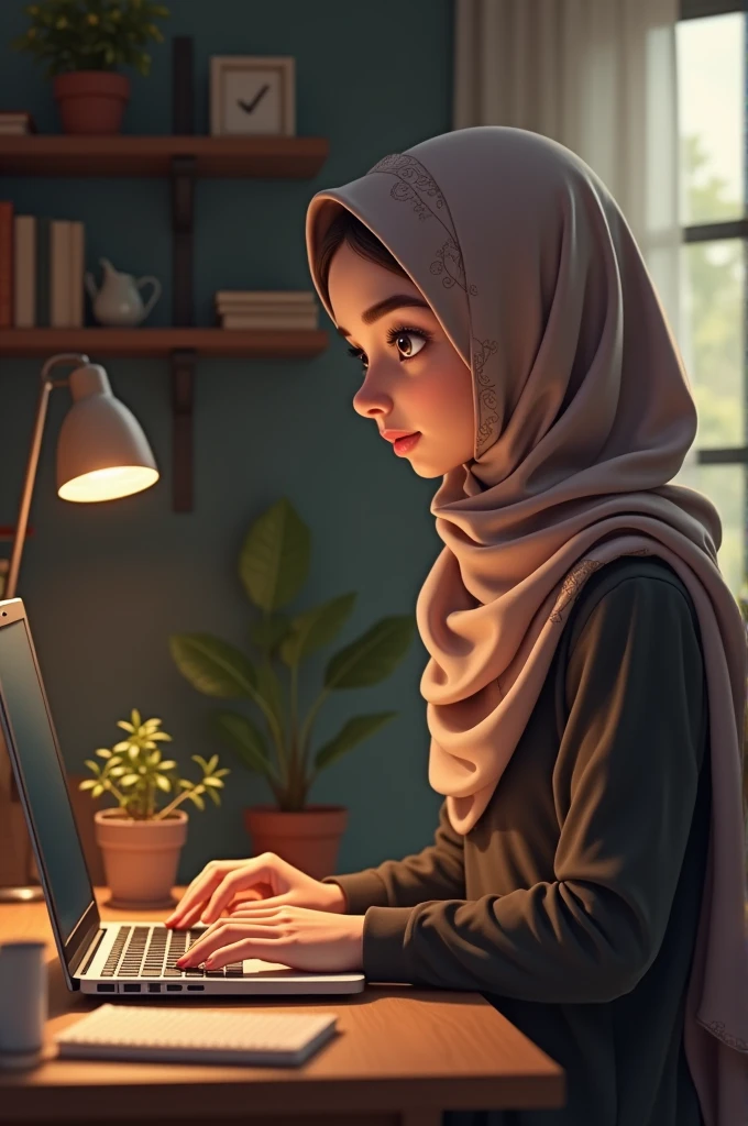 Hijabi girl working on computer