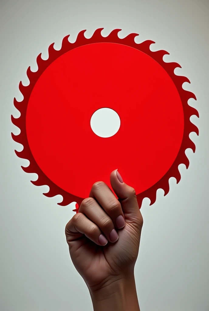 Red colour circular saw blade wood with the shape of circular shield in the human hand