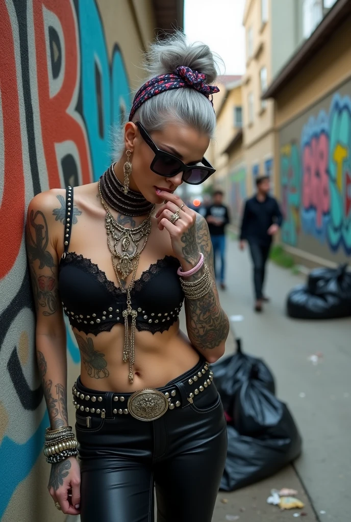russian milf woman,  grey hair (bouffant, top bun) and oversized square sunglasses and wide  colourful bandana as headband, with very light green eyes, extremely pale. Big lips.  Black lace push up bra, silicone breast,, tight skinny  black low rise leather jeans. Light pink high heel mules. Lots of thick wide studded bracelets, chain necklaces and big rings,. Two loose studded belts. Long earrings with chains and feathers. Leaning her back against a graffitied wall, separated legs, touches her lip with one hand and touches her necklaces with the other hand. Chin down in shame, looking down at the ground, Neck, chest, stomach and wrists heavily tattoed.  Toned abdominals, thin neck, slim legs and thin arms. Narrow hips. Full body. At a dead end street with graffitied walls, ground littered with waste and piled black plastic garbage bags. Some men in the background. Full body, frontal view