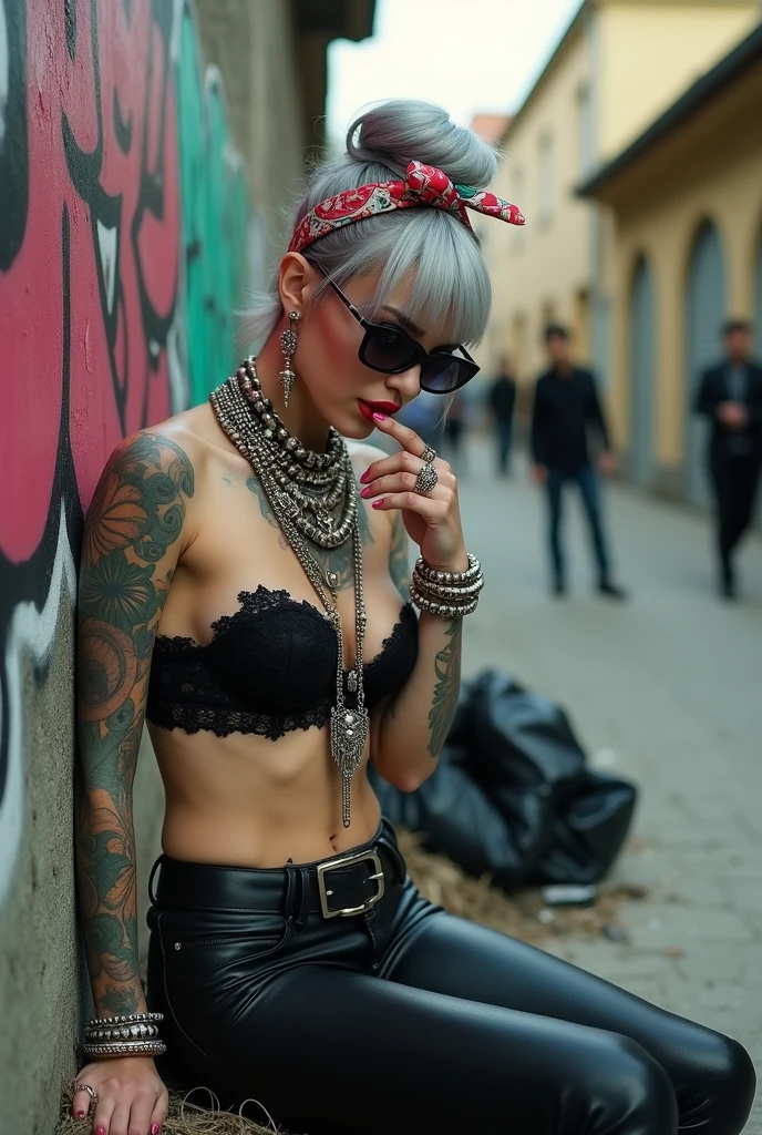 russian milf woman, grey hair (bouffant, top bun) and oversized square sunglasses and wide colourful bandana as headband, with very light green eyes, extremely pale. Big lips. Black lace push up bra, silicone breast,, tight skinny black low rise leather jeans. Light pink high heel mules. Lots of thick wide studded bracelets, chain necklaces and big rings,. Two loose studded belts. Long earrings with chains and feathers. Leaning her back against a graffitied wall, separated legs, touches her lip with one hand and touches her necklaces with the other hand. Chin down in shame, looking down at the ground, Neck, chest, stomach and wrists heavily tattoed. Toned abdominals, thin neck, slim legs and thin arms. Narrow hips. Full body. At a dead end street with graffitied walls, ground littered with waste and piled black plastic garbage bags. Some men in the background. Full body, frontal view