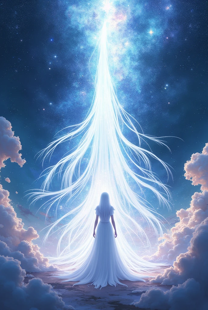 A white silhouette of a cosmic entity in the form Rapunzel hair hair that represents the infinite energy of the universe. Around the cosmos, space time, fantasy anime style. 