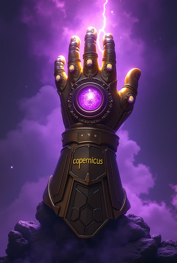 A purple background with Thanos' infinity gauntlet in black and white highlighting the time stone, writing "Copernicus" in yellow with a black outline with star details