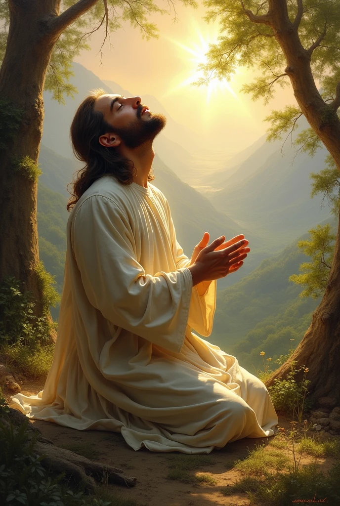 create a beautiful message of Jesus Christ praying in a beautiful place