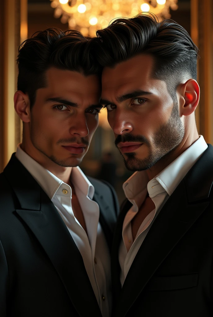 A close-up of the protagonists&#39; faces, A gay couple, one with a seductive look and the other with a look of determination, with mafia and luxury elements in the background.