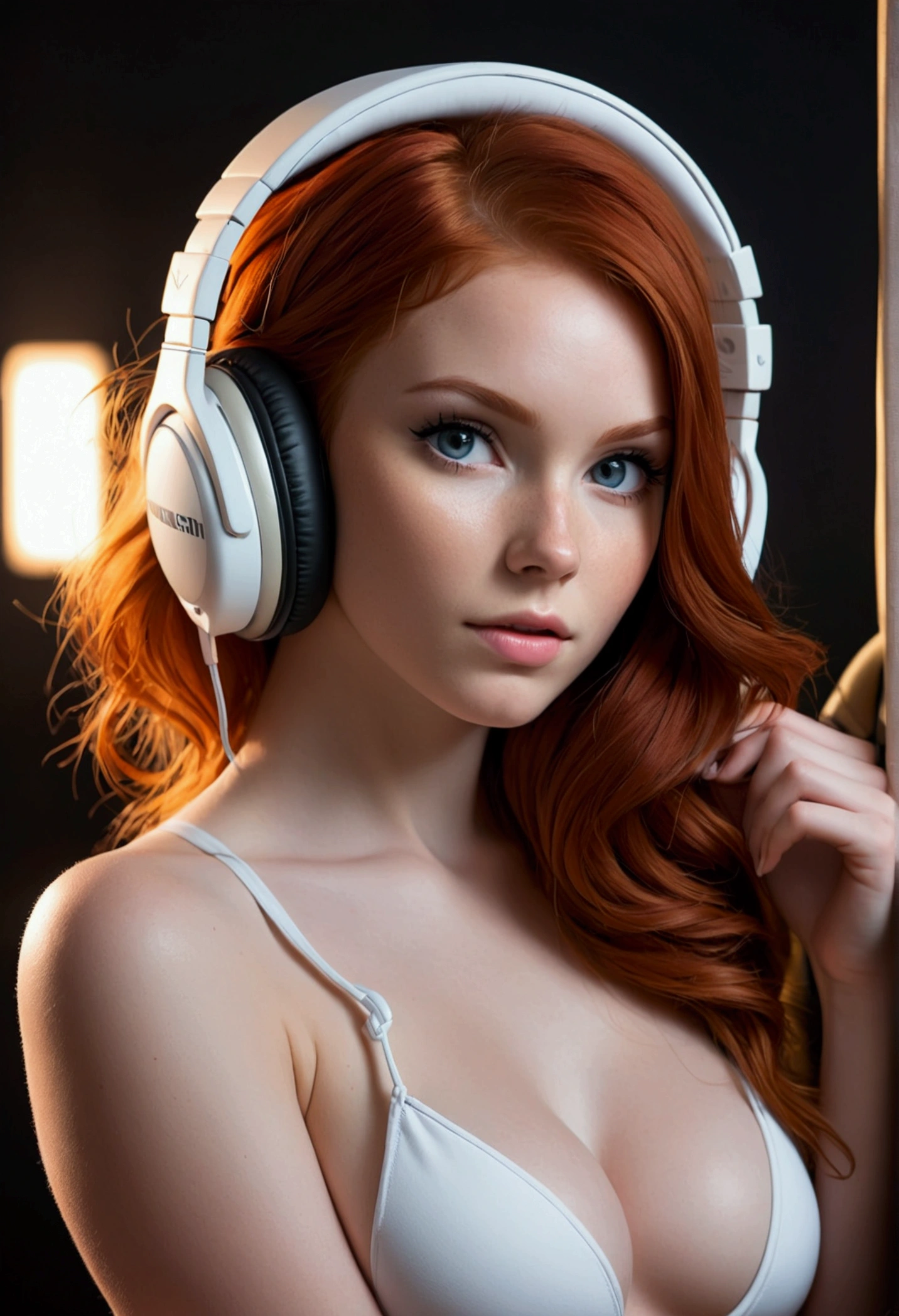 a very beautiful woman, redhead, perfect face, perfect eyes, dark room, gamer girl, sexy posing, large white gamer headphones, naked, nice pussy, cinematic lighting
