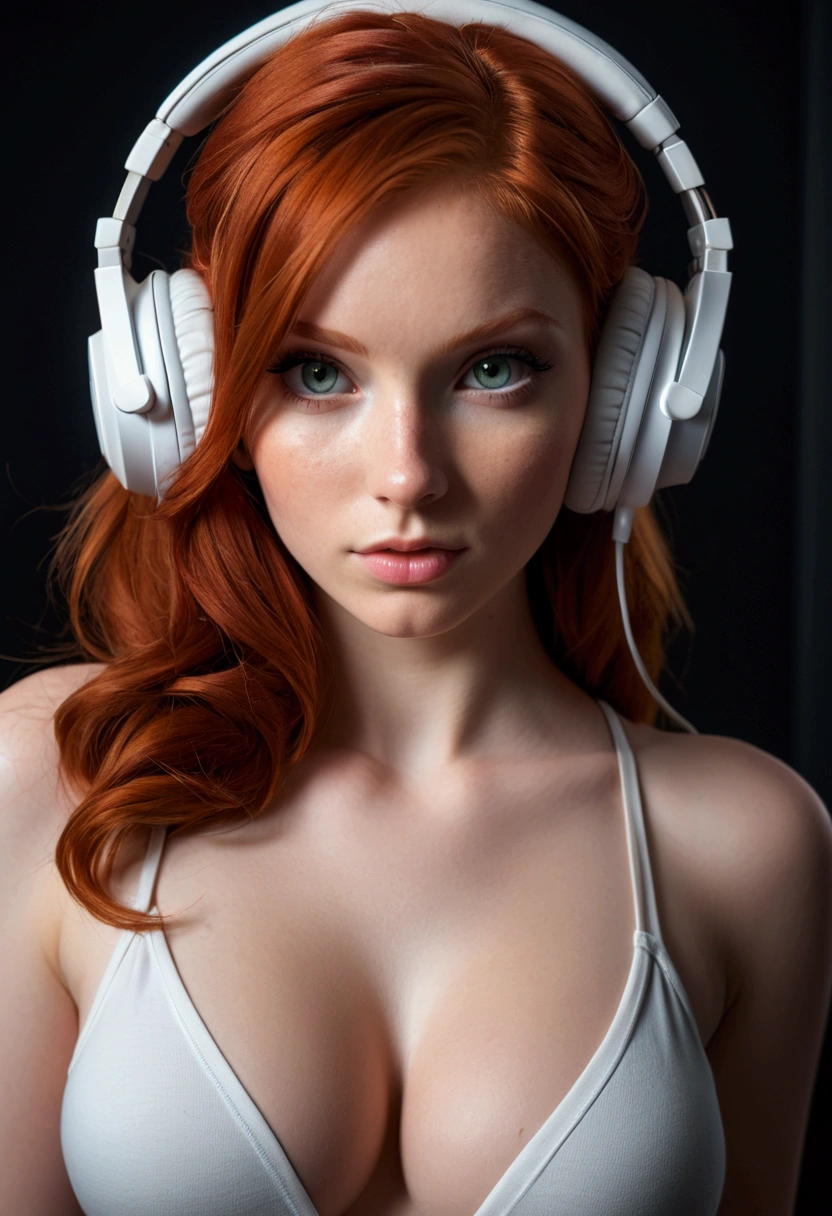 a very beautiful woman, redhead, perfect face, perfect eyes, dark room, gamer girl, sexy posing, large white gamer headphones, naked, nice pussy, cinematic lighting