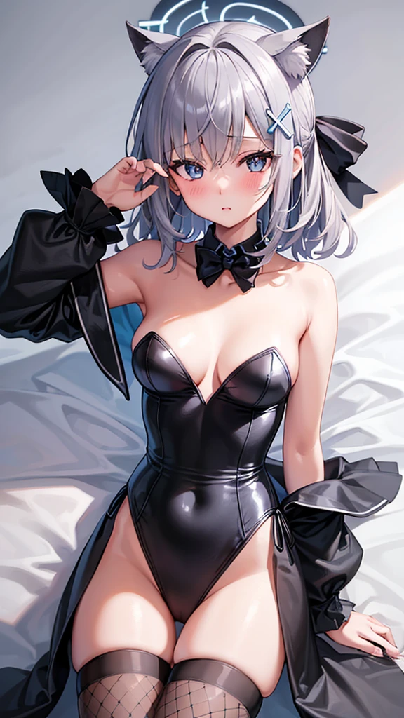 One girl, ((High angle view of the viewer))、High resolution, chest, Gaze,Tilt your head a little、 (Black Bunny Girl)、Black fishnet stockings、Blushing, masterpiece, Winner of numerous awards, Highest quality, High-resolution model, Short Ponytail, chest, Droopy eyes, Heavy makeup, Close one eye,