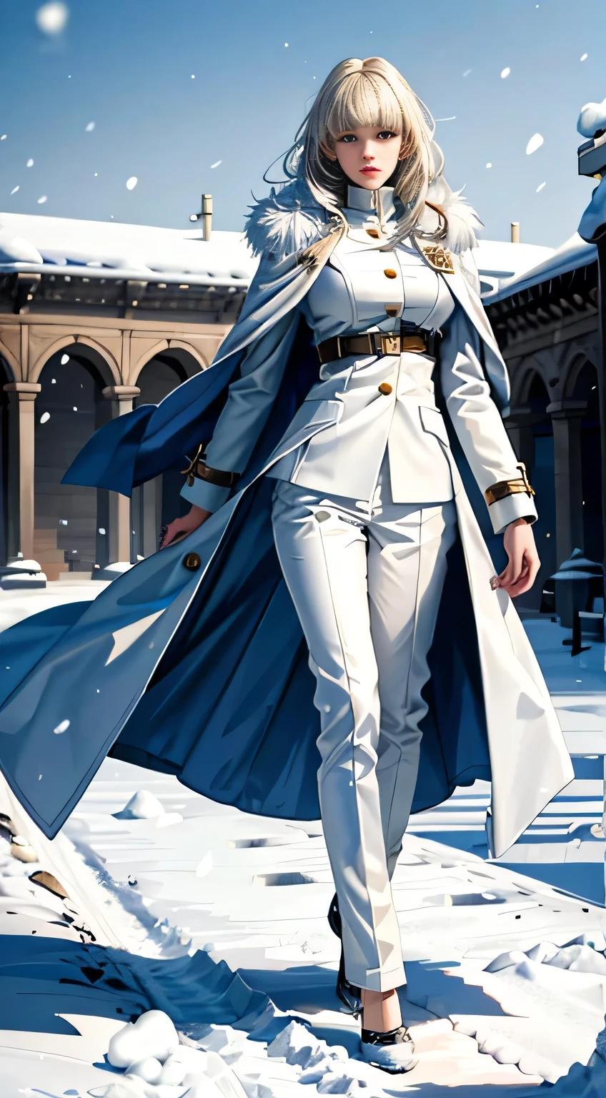 (highest resolution, distinct_image) Best quality, single person, one girl, solo, masterpiece, highly detailed, realistic, long hair, braided white blond hair, (blue highly detailed, with multiple buttons and in a military style uniform underneath the coat), depth of field, outdoor background, (falling snow), ((big breasts)), authoritative, dignified, calm and powerful expression, ambient lighting, exquisite facial features, (fur trimmed white coat), open coat, pants, looking at viewer, full body, in a terrace of a monumental building, (((front bangs))), dynamic angle, striking a pose, light smile