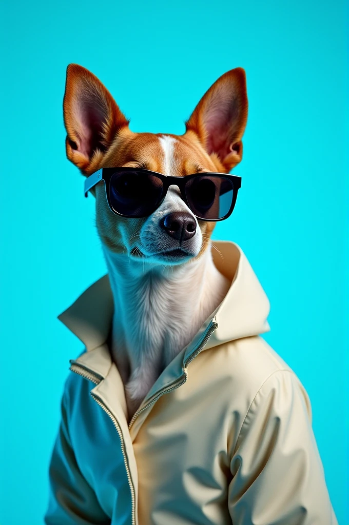 The best cell phone wallpaper, Award-Winning Wallpaper, portrait photography, In the front view is a portrait of a cute dog wearing mid-1960s space age fashion, Side view photo, Shot with Canon EOS R5, Set a strong contrast that accentuates the subject, Fluorescent blue tone, Wearing a very modern coat and sunglasses is a modern 1960s style, Clothes all in one color, beautiful background