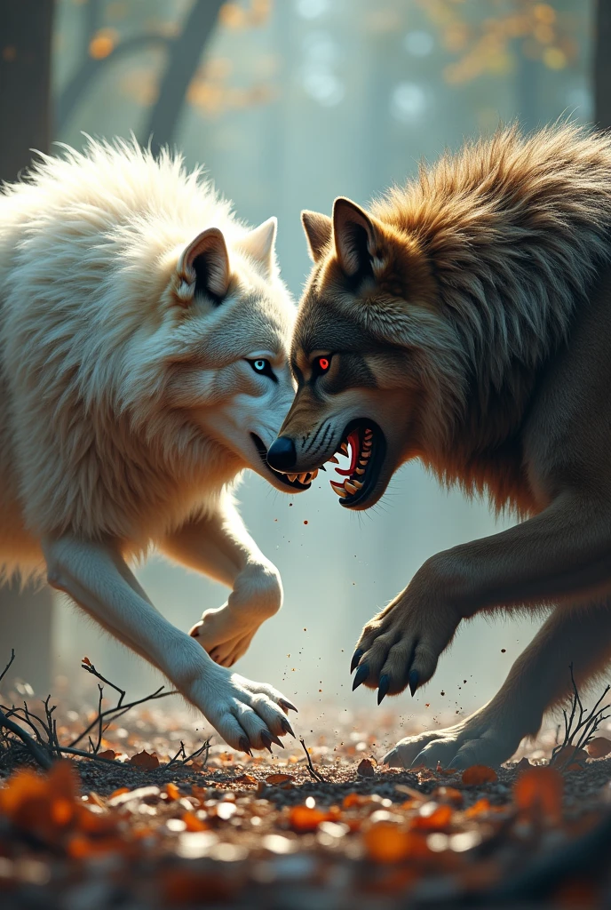 A big white wolf with blue and red eyes, ferocious, fighting a big brown Alpha, ferocious, one afternoon.