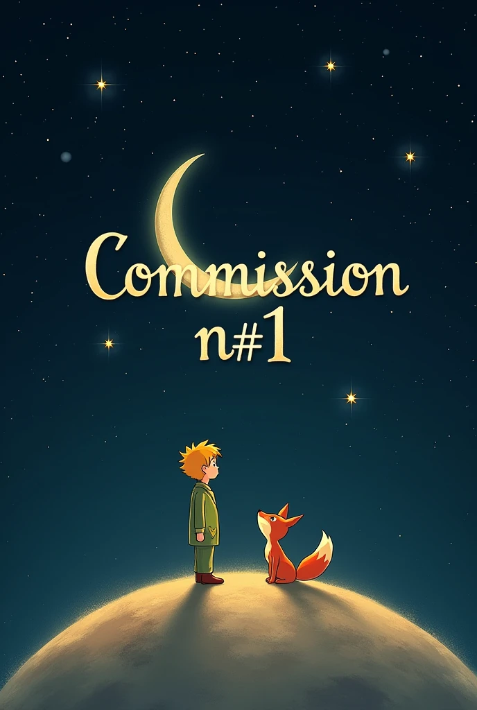 It should say verbatim at the top: Commission N#1 in large letters the background should be space and the little prince and the fox should be above the moon looking at the letters that say Commission N#1 the word is: Commission N#1, WITH JUST ONE MY JUST ONE S*