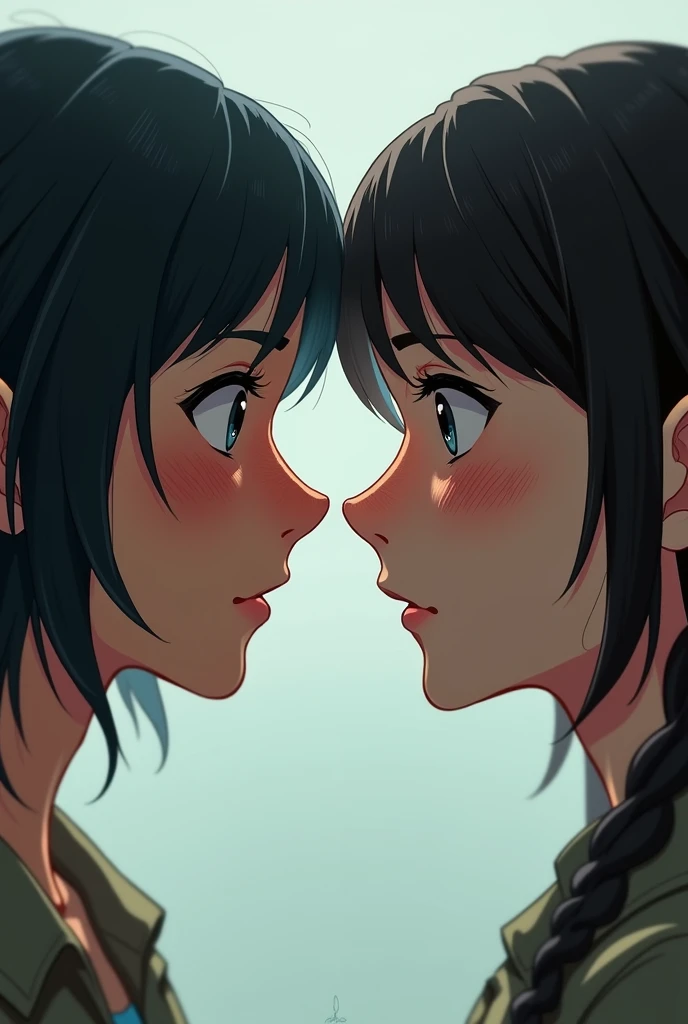 female face in profile facing each other, the two identical, in the meantime an aged, the aged must also have dark hair, so the skin must be aged, the clothes must be the same and another with very visible sunburn