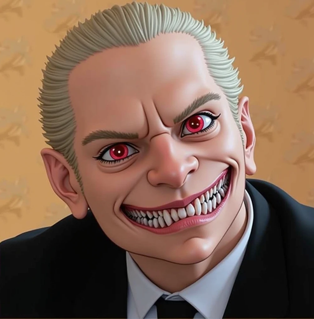 Anine biohazard girl, red sclera, glowing pink eyes, sadistic and scatterbrained, dumb and evil, sexy, smug face sharp teeth