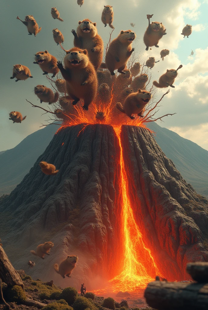 A photo showing a volcano, which instead of lava, Beaver shoots.