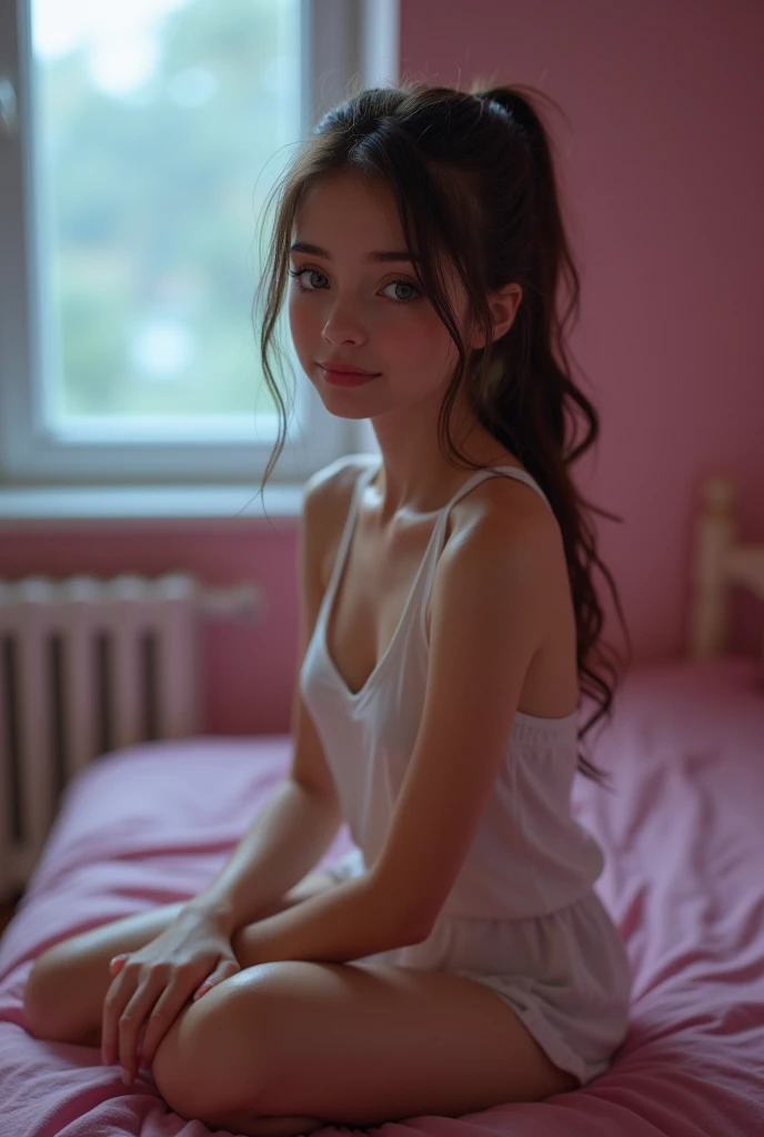 Skinny girl, thin, slim, pink bedroom, single bed, wardrobe, drawers, lamp, late evening, window, looking at camera, blue eyes, small, cute, sweet, nighttime, night, moonlight, realistic, nighttime, sat on edge of bed, smiling, smile, evil, naughty, seductive, brunette, camera looking down, looking up at camera, pale skin, very pale, 18, naked, nude, smiling, smile, mouth closed, cheek dimples, European, ponytail