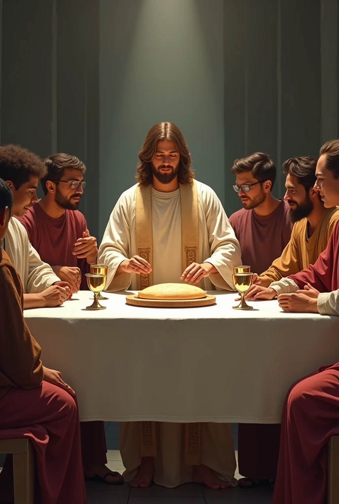 To create a modern reinterpretation of "the last supper" that maintains the essence of the institution of the Catholic Priesthood and the Eucharist, you can follow these ideas:

### 1. **Current Context without Changing Essential Elements**
   - **Contemporary Table**: Keep Jesus and the Apostles at a Modern Table, but keeping the bread and wine, which are the central elements of the Eucharist. The table can be simple, representing a current meal, but with the symbolism of the body and blood of Christ being preserved.
   - **Modern Clothing**: The apostles and Jesus may be dressed in contemporary clothing, such as suits or casual attire, but maintaining the seriousness and reverence of the scene.

### 2. **modern church**
   - **Scenario in a Contemporary Church**: Set the scene in a modern chapel or church, with contemporary architecture, keeping the table as the altar, where bread and wine continue to be the central focus of the meal.
   - **Liturgical Elements**: Include current liturgical objects, like modern chalices and patens, to highlight the continuity of tradition and the Eucharist in the contemporary context.

### 3. **Modern Priests**
   - **Jesus as a Modern Priest**: Portray Jesus as a contemporary priest, possibly wearing a modern stole, while the apostles could be seminarians or community members, reflecting the continuing role of the priesthood in the Church today.
   - **Modern Eucharist**: Maintain the gesture of consecration of bread and wine, but do so in an environment where the focus is clearly on the institution of the Priesthood and the Eucharist, as in a current Mass.

### 4. **Contemporary Christian Community**
   - **cultural diversity**: Represent the apostles as members of different cultures or ethnicities, emphasizing the universality of the Catholic Church and the priesthood in a globalized world, without losing the centrality of the Eucharist.
   - **Modern Community Environment**: The scene could take place in a community setting, like a parish hall