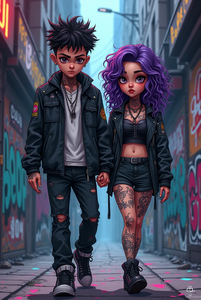 Create a punk cartoon image of a couple walking down a graffitied street, the hiphop style boy and the gothic style girl, that the design is a cyber punk illustration type but in caricature, the two tattooed and white with a serious and gloomy face, Like the illustrations of the band Gorillaz with a darker effect and like the illustration of Love Death and Robots in The Witness but not so cartoonish., that is not realistic, 90s type illustration and the girl with curly purple hair cyber punk anime type, that is not but type of dark gothic age anime