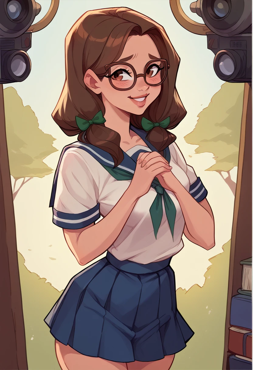 "A shy teenage girl with shoulder-length brown hair and glasses, wearing a traditional Japanese school uniform with a navy-blue skirt and white blouse. She is standing and looking at the camera with a gentle smile, her hands clasped in front of her. She has a green ribbon around her neck and a book tucked under one arm, giving off a studious and quiet impression." visual novel character