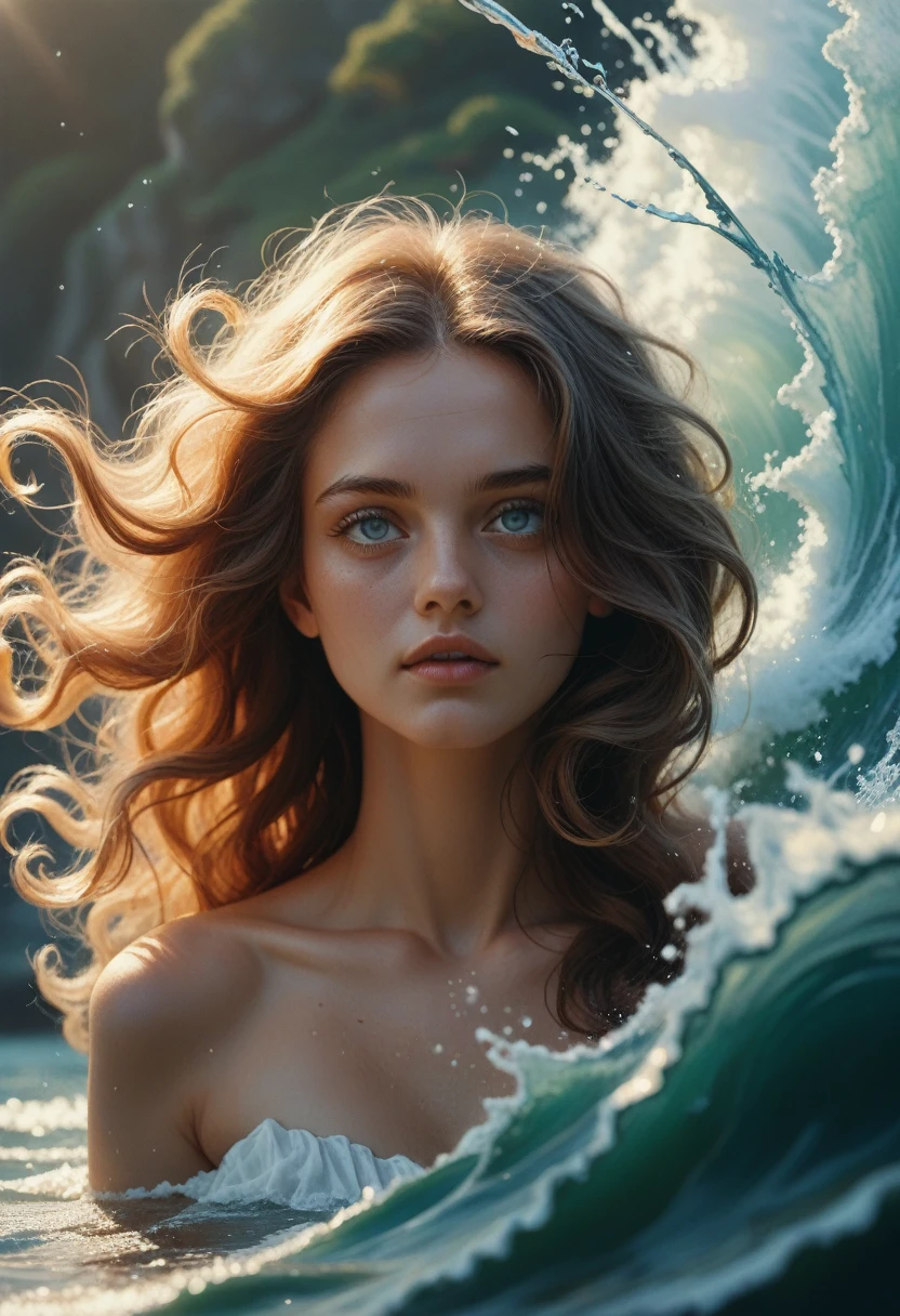 magical ocean goddess, water, spray, waves, flowing hair, head and shoulders portrait, finely drawn eyes, 8k resolution, concept art, portrait, dynamic lighting, hyperdetailed, intricately detailed, splash,
