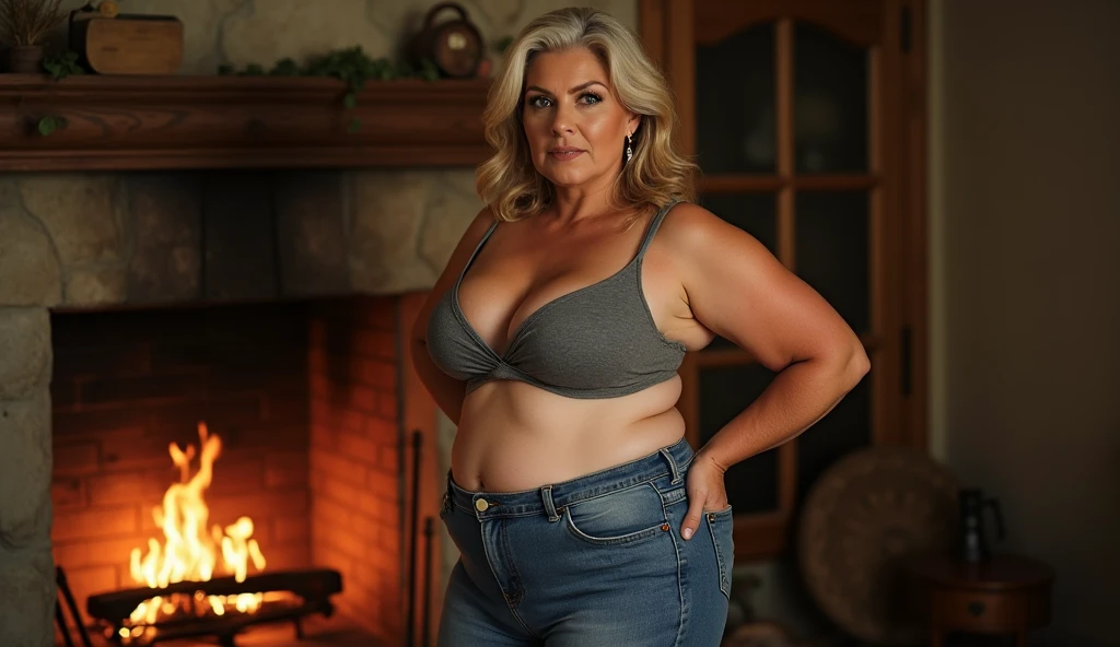 woman dressed casually in clothes showing her body, is close to the fireplace, making a sensual pose, is standing, sticking out her ass, older woman of 60 years old, curvy, hot, voluminous body, cleavage, large breasts, approximately 50 years old, image of front, full body, looking for camera, posing, stunning, natural mature woman, average size, natural six-pack