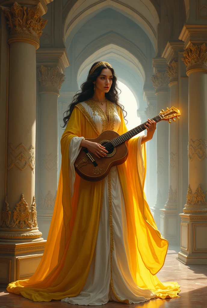 RPG fantasy artstyle. A female Arabic bard musician playing a musical instrument that emits soft yellow light. She is looking misterious and serious. She is wearing yellow, white and golden clothes. The background is a large salon with high columns, bard of the streets