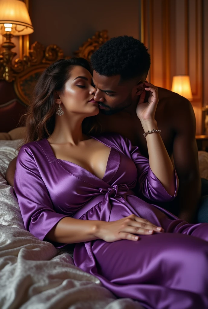 Russianmilf with wearing a purple silk satin robe with big boobs lying on a bed with king size satin bedding and blanket in silver color being kissed by a black man on neck from behind