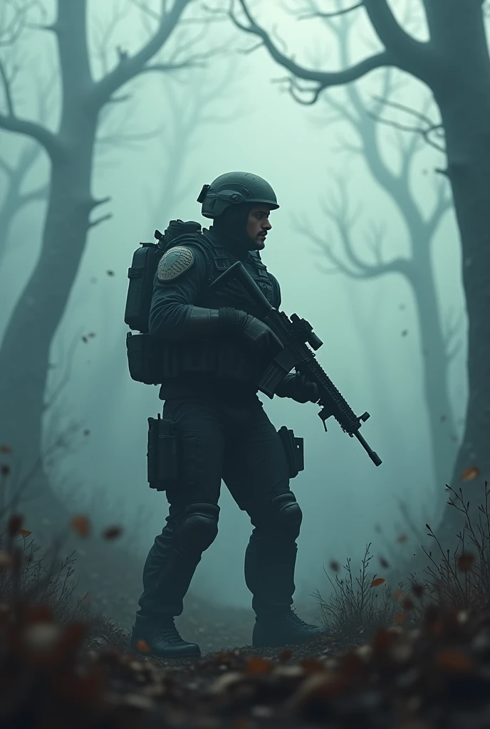 Żołnierz nowoczesnej armi walczący z zombie w zamglonym lesie