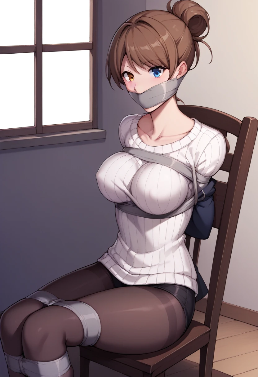 score_9, score_8, score_7, BREAK source_anime, absurdres, masterpiece, high quality, extremely detailed, CG unity, 8k wallpaper, highly detailed, 1girl, solo, heterochromia, brown hair, jacket, multico sweater, collarbone, bottomless, pantyhose, wraparound tape gag, improvised gag, hair pulled by tape, hair wrapped by tape, grey tape gag, large breast, arms bound behind back, sitting in a chair, bound, bedroom, window, breast, bedroom, window,