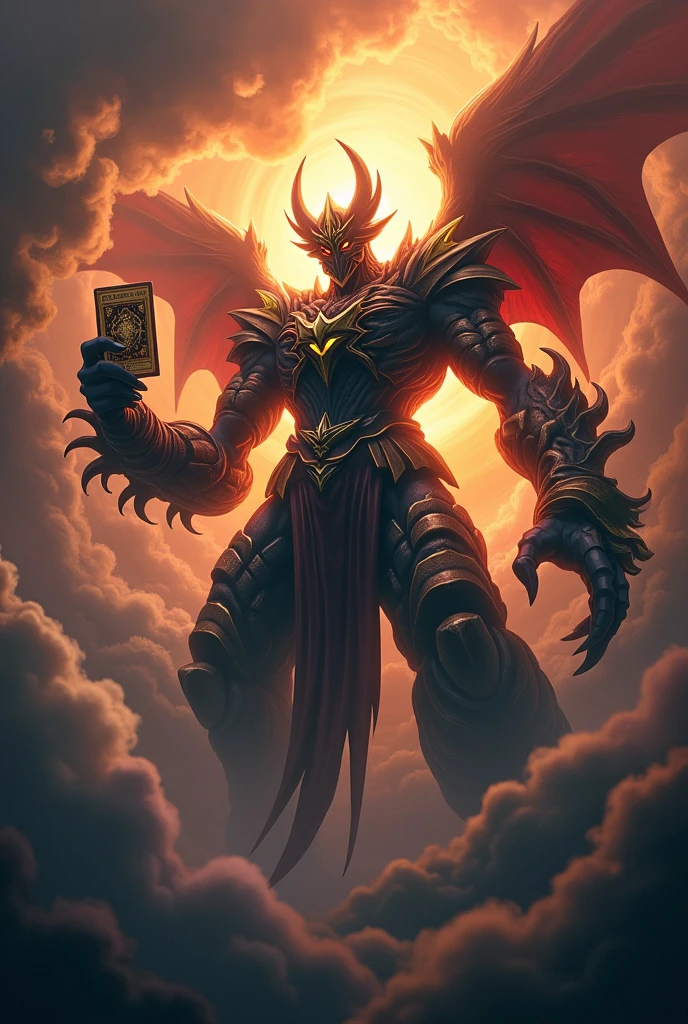 Exodia The Forbidden One, behind winding and cloudy background, glare. In one hand a yugioh card. This unique, professionally composed photo combines realism with an artistic style, creating a striking and memorable image. portrait, cinematic lighting, dramatic lighting, warm color tones, dramatic colors